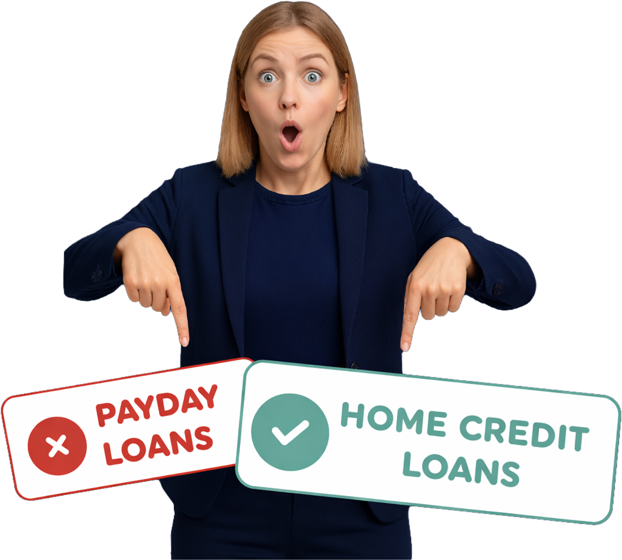 Smiling woman pointing left - explore payday loan alternatives